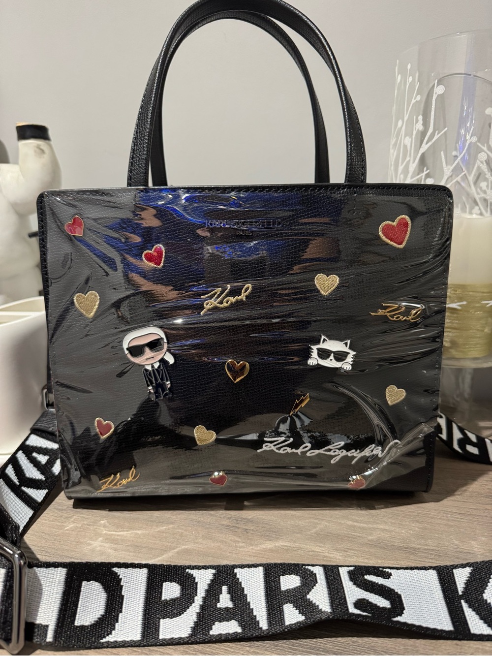 Karl Lagerfeld Black Leather Tote with Hearts & Character Motifs